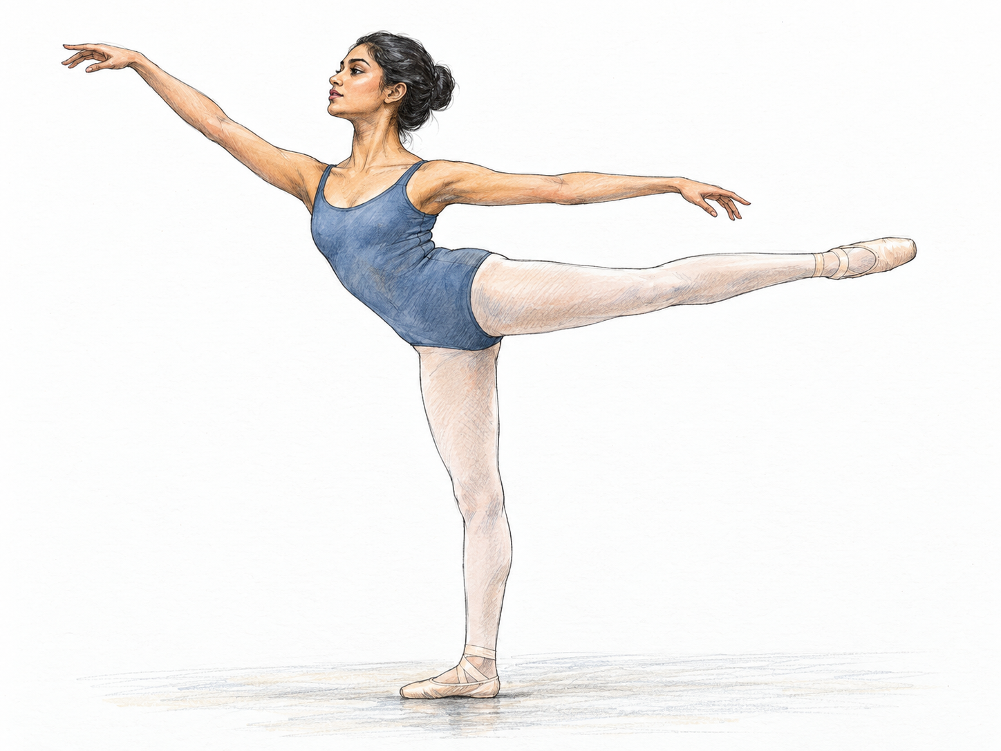A single ballet dancer holds a precise arabesque, with one leg extended behind her and gracefully coordinated arms, on a minimally indicated rehearsal floor.