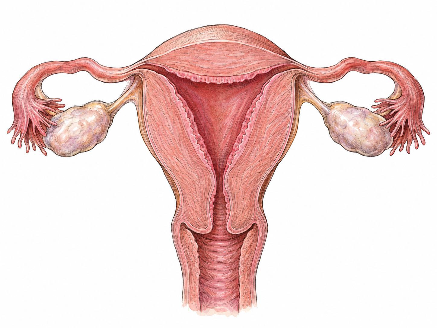 An isolated anatomical cutaway of the uterus emphasizing its thick muscular wall and inner lining, with attached fallopian tubes and ovaries providing orientation.