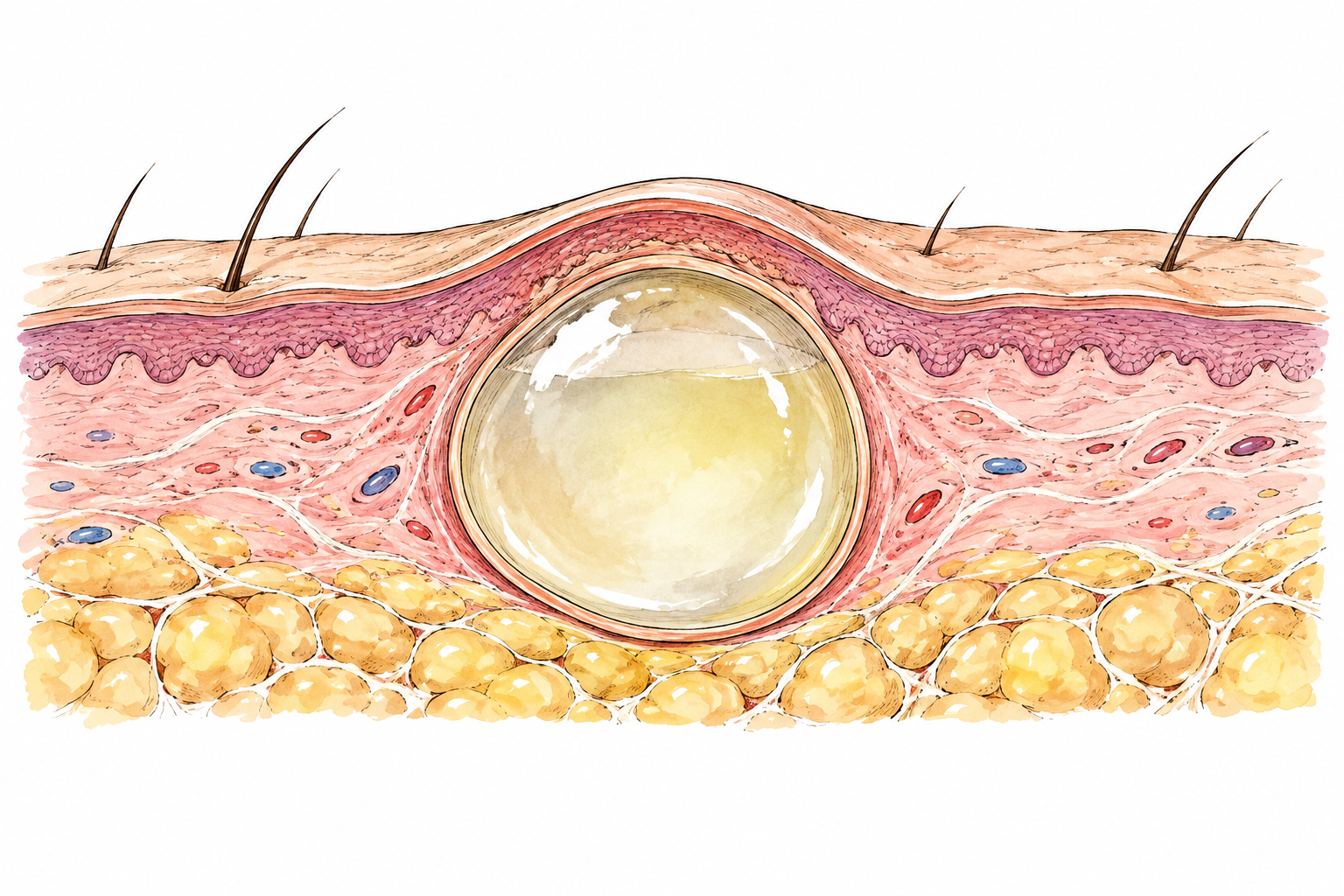 Neutral medical cutaway of skin tissue shows one clearly enclosed fluid-filled sac beneath surface, thin smooth cyst wall, no labels.