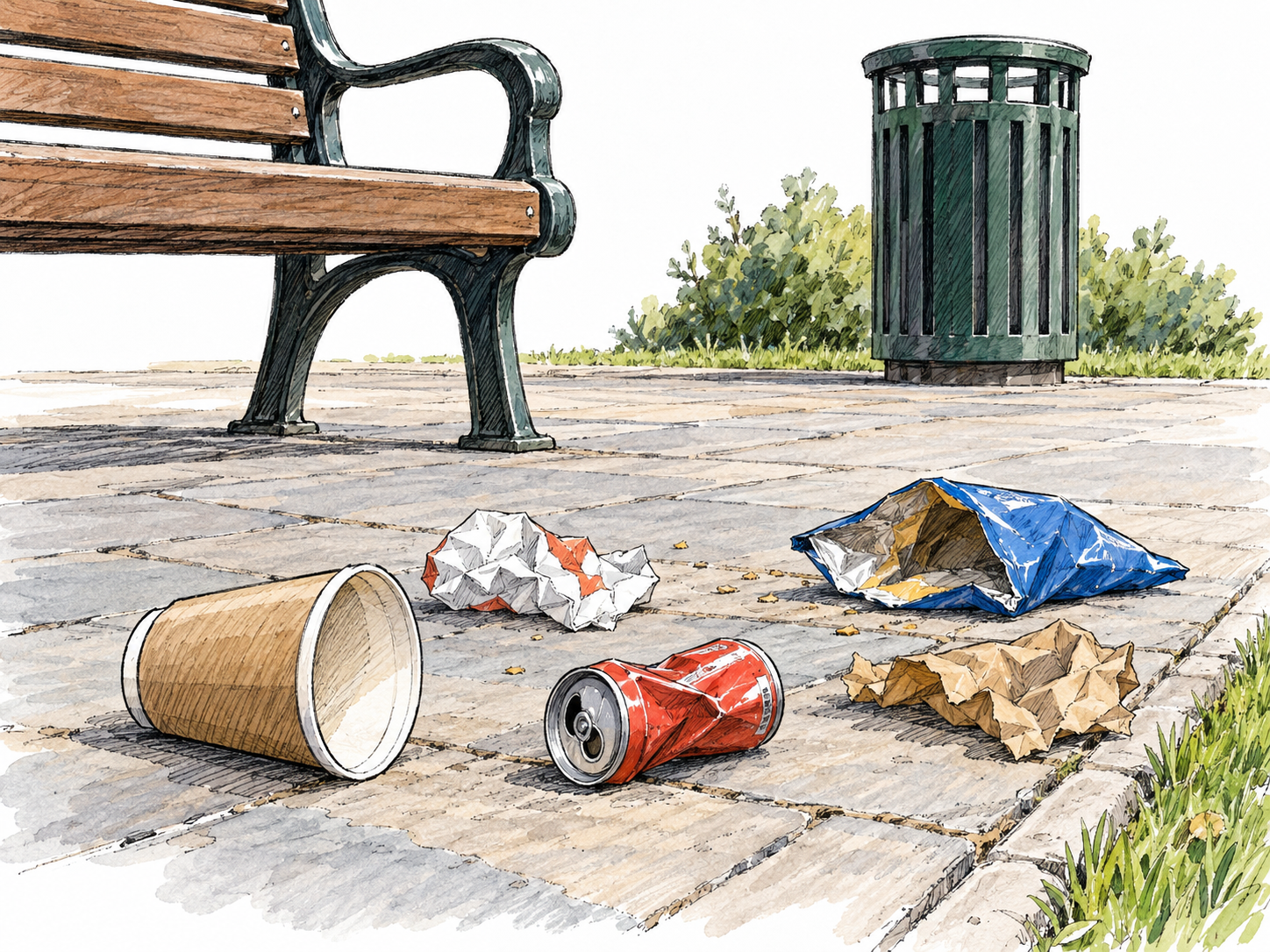 Discarded cups, wrappers and a crushed can lie scattered across a public park path beside a bench and a waste bin.