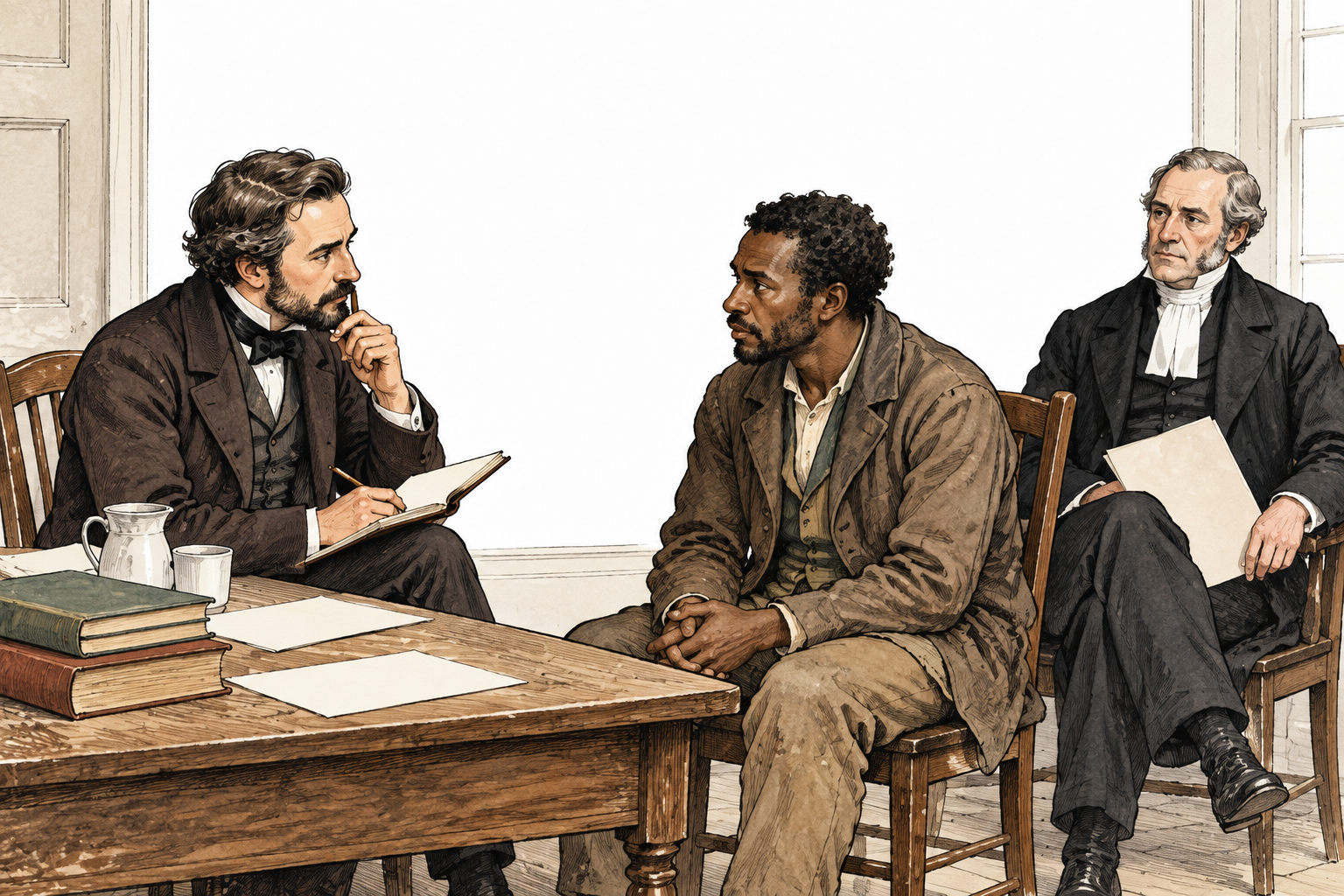 A nineteenth-century physician interviews an adult beside a court official in a quiet room, historical psychiatrist legal context.