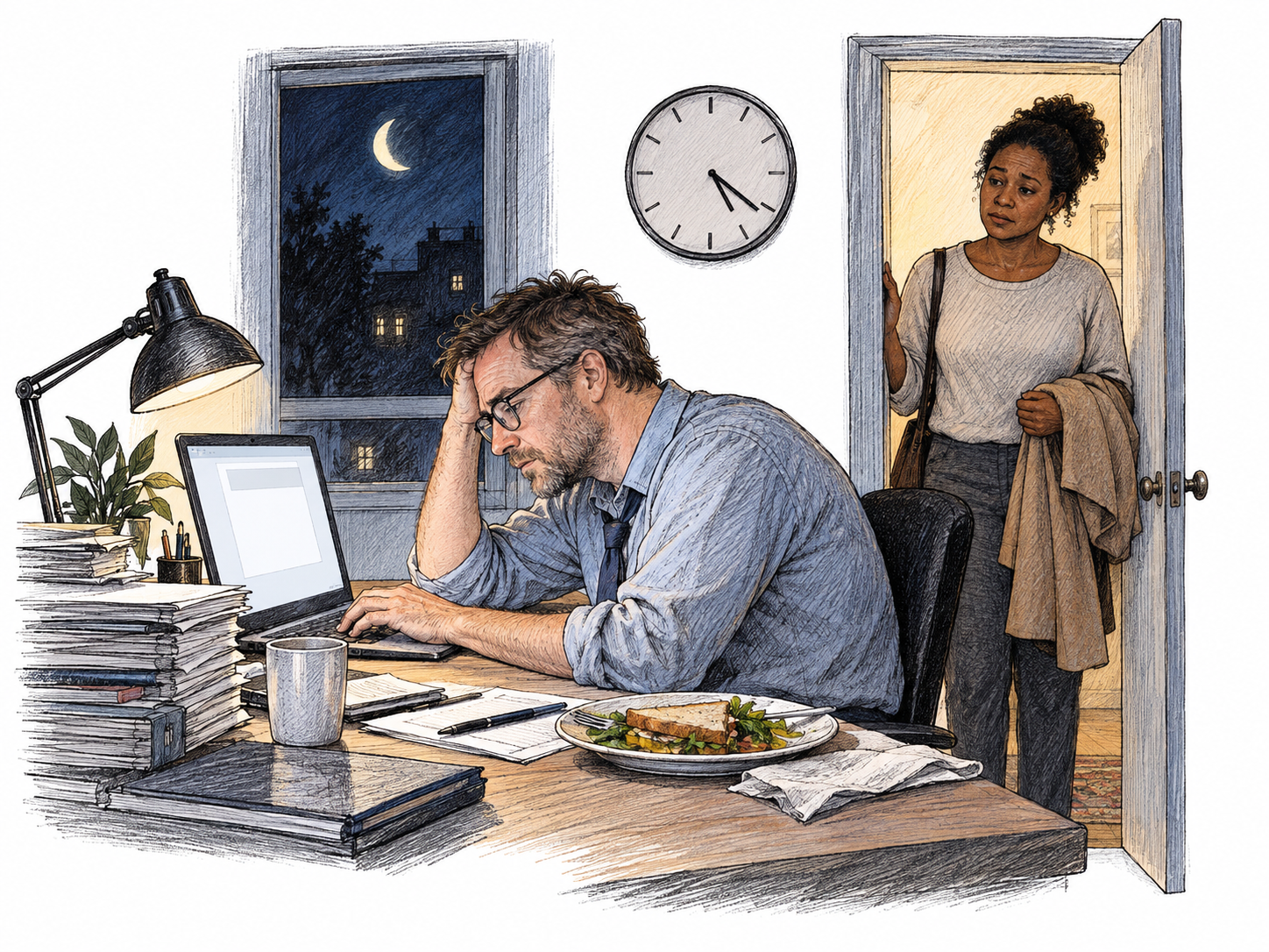 An office worker keeps typing late at night beside an untouched meal while a family member waits at the doorway holding a coat; exhausted posture and neglected break show excessive work.