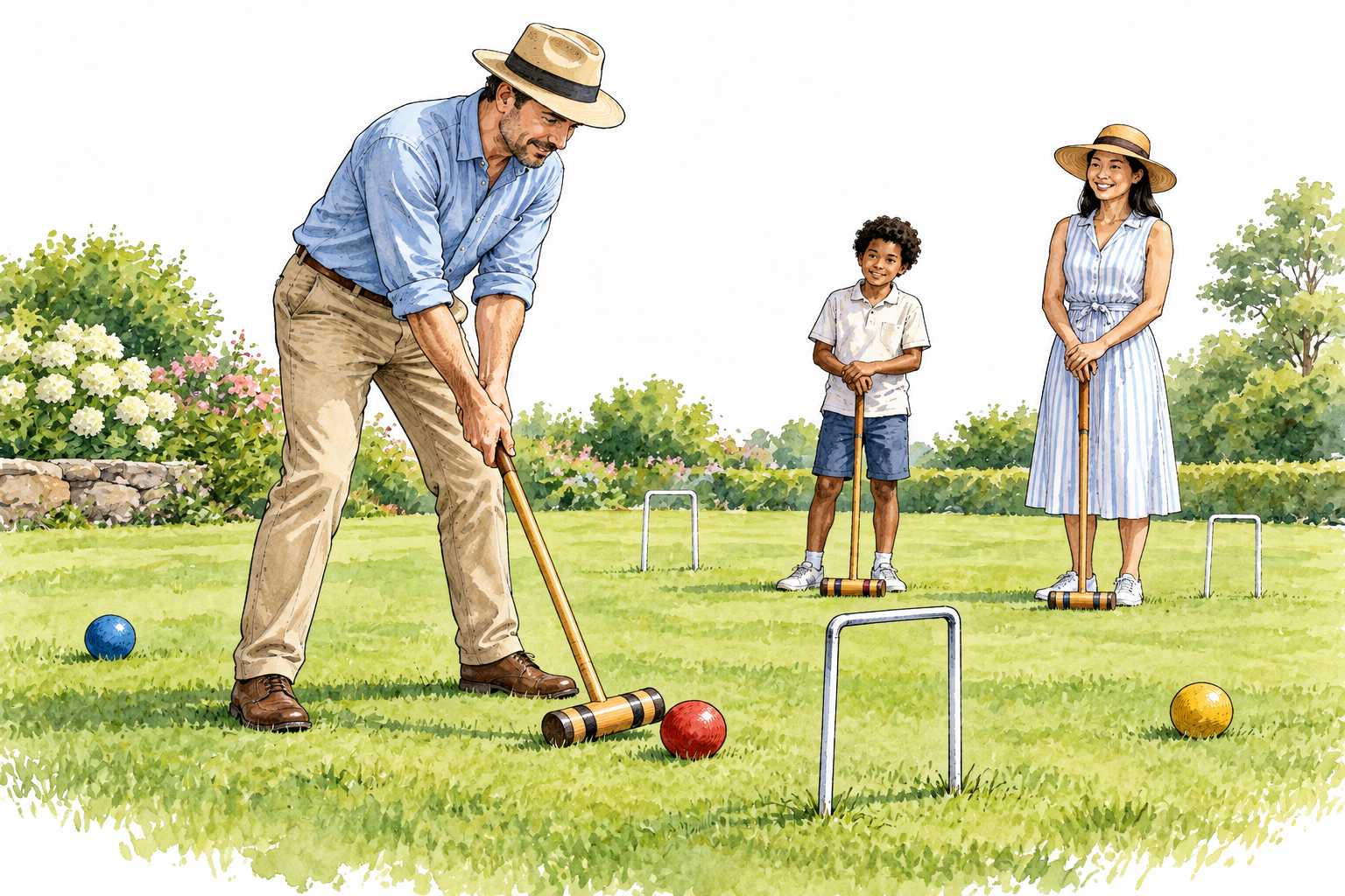 Croquet lawn with wooden mallet, colored balls and wire hoops, an adult aims a ball through one hoop.