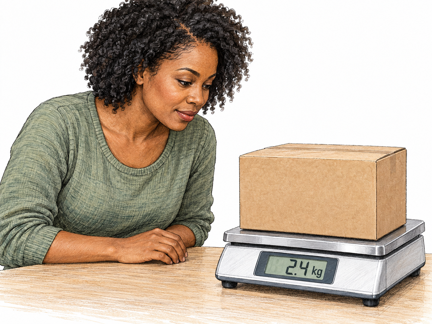 A woman determines a parcel’s exact weight by weighing it on a digital scale and closely reading the stable numerical result.