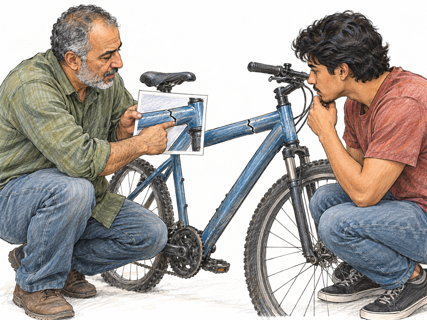 An older man cites a photograph of a damaged bicycle frame as evidence while explaining the damage to a younger man beside the actual bicycle.