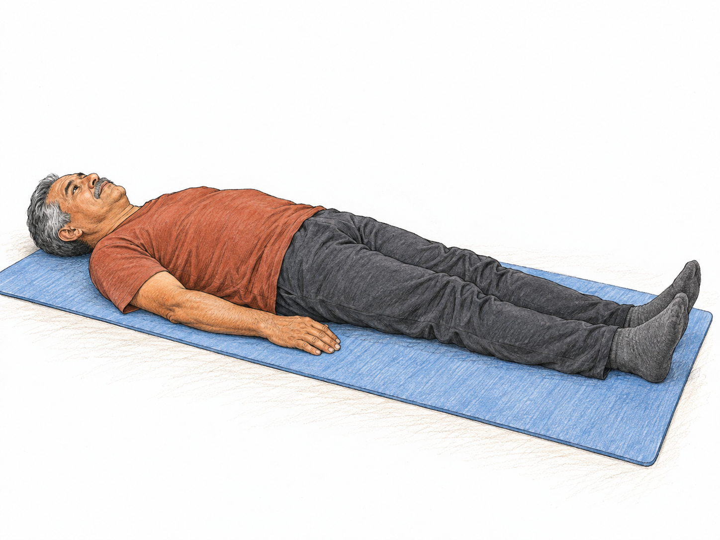 An older man lies flat on his back on a thin exercise mat, legs straight and face directed upward.