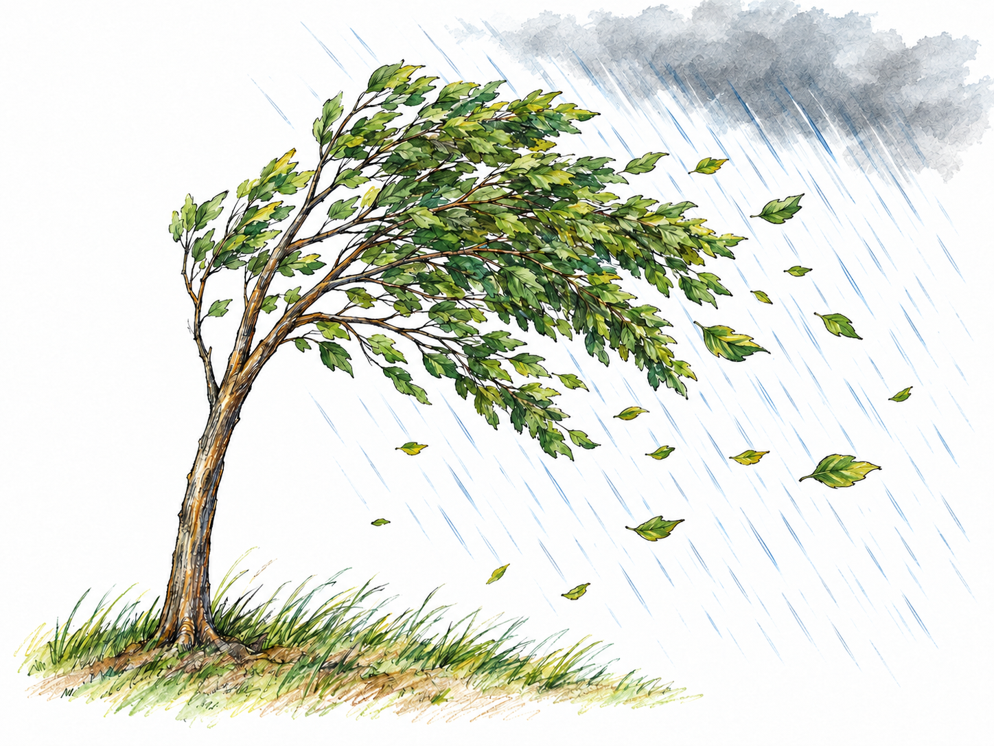 A sudden rain-lashed gust sweeps across a small patch of open ground, bending a young tree sharply to one side and driving loose leaves and rain in the same direction.