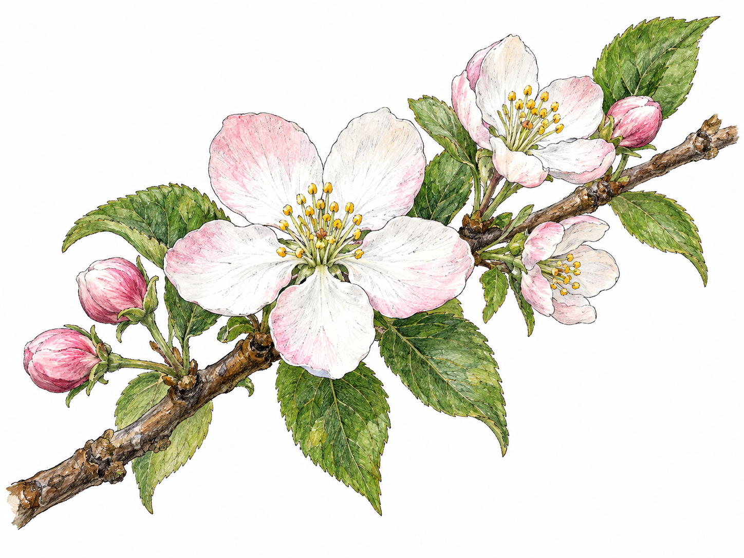 A close-up apple-tree twig bearing open pale-pink blossoms, with one prominent five-petaled flower, a few buds, and fresh green leaves.
