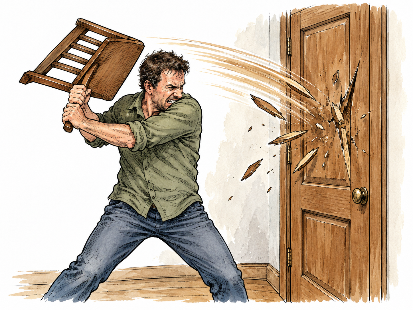 An angry adult swings a chair against an empty wooden door, clear damaging force, no injured person.