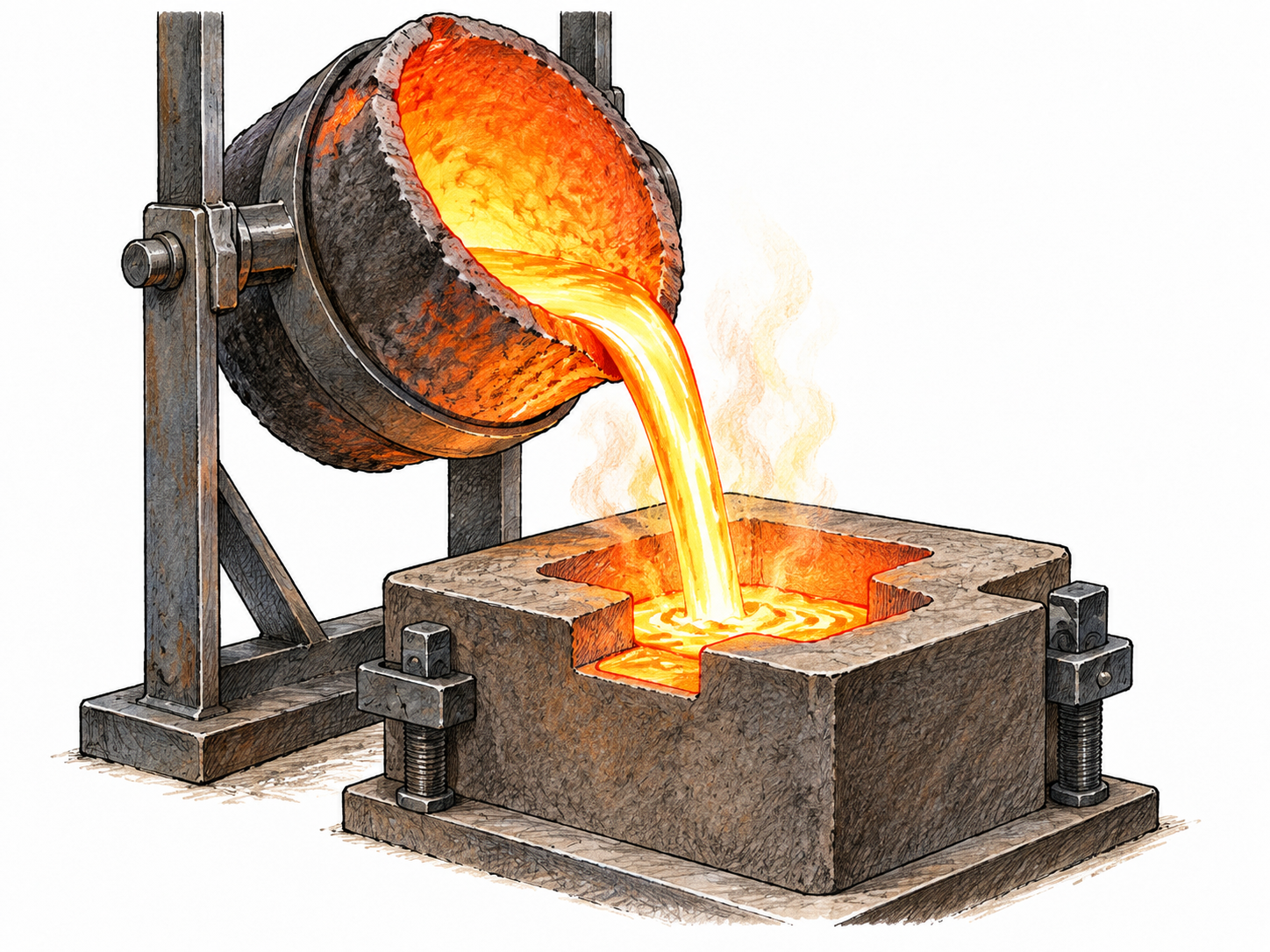 Glowing orange molten metal being poured from crucible into mold, sturdy industrial equipment and heat shield, no people or text, visibly flowing incandescent liquid.
