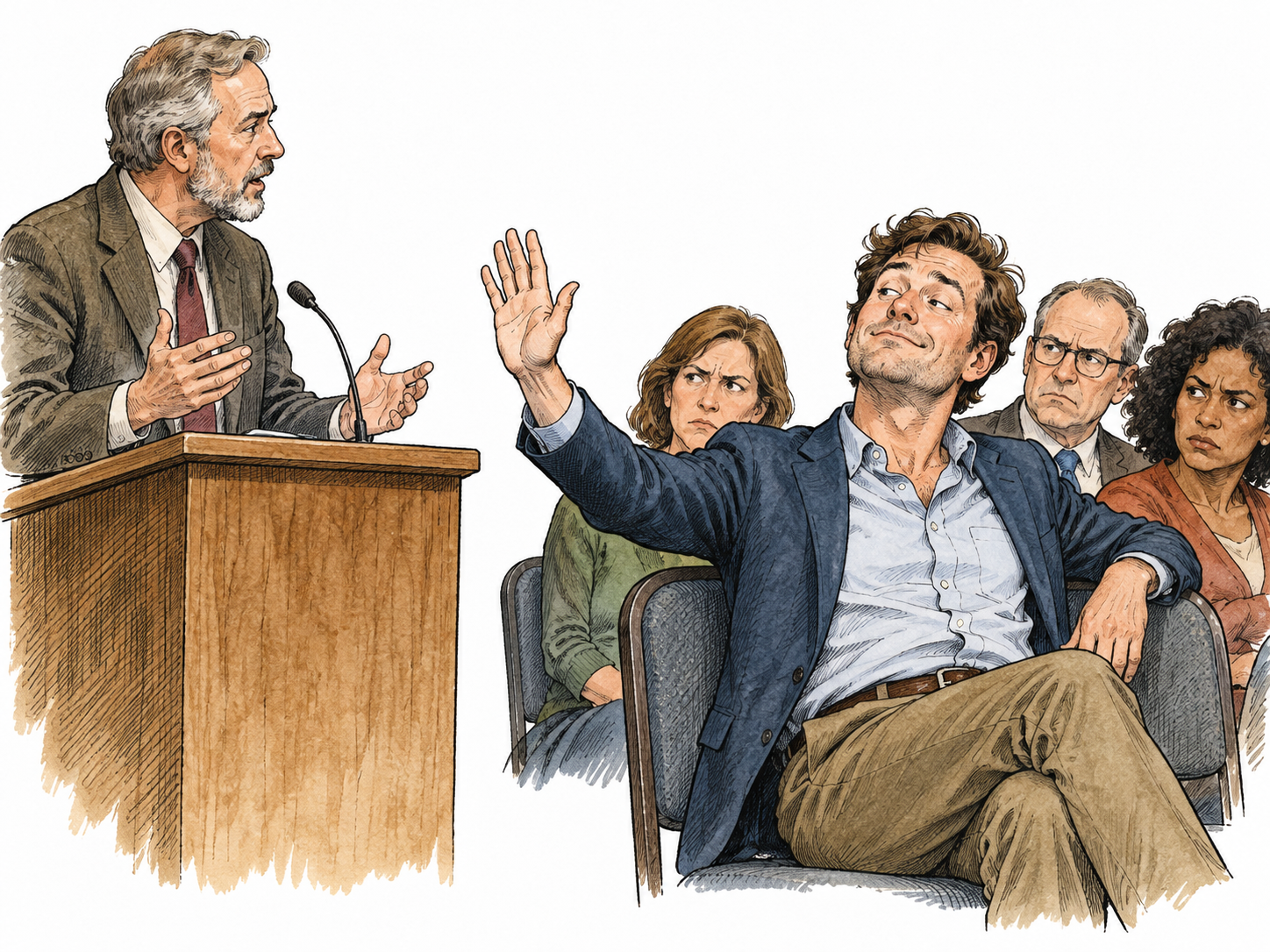 A rude adult interrupts a serious speaker with a dismissive raised hand and smirk, other listeners look disapproving.