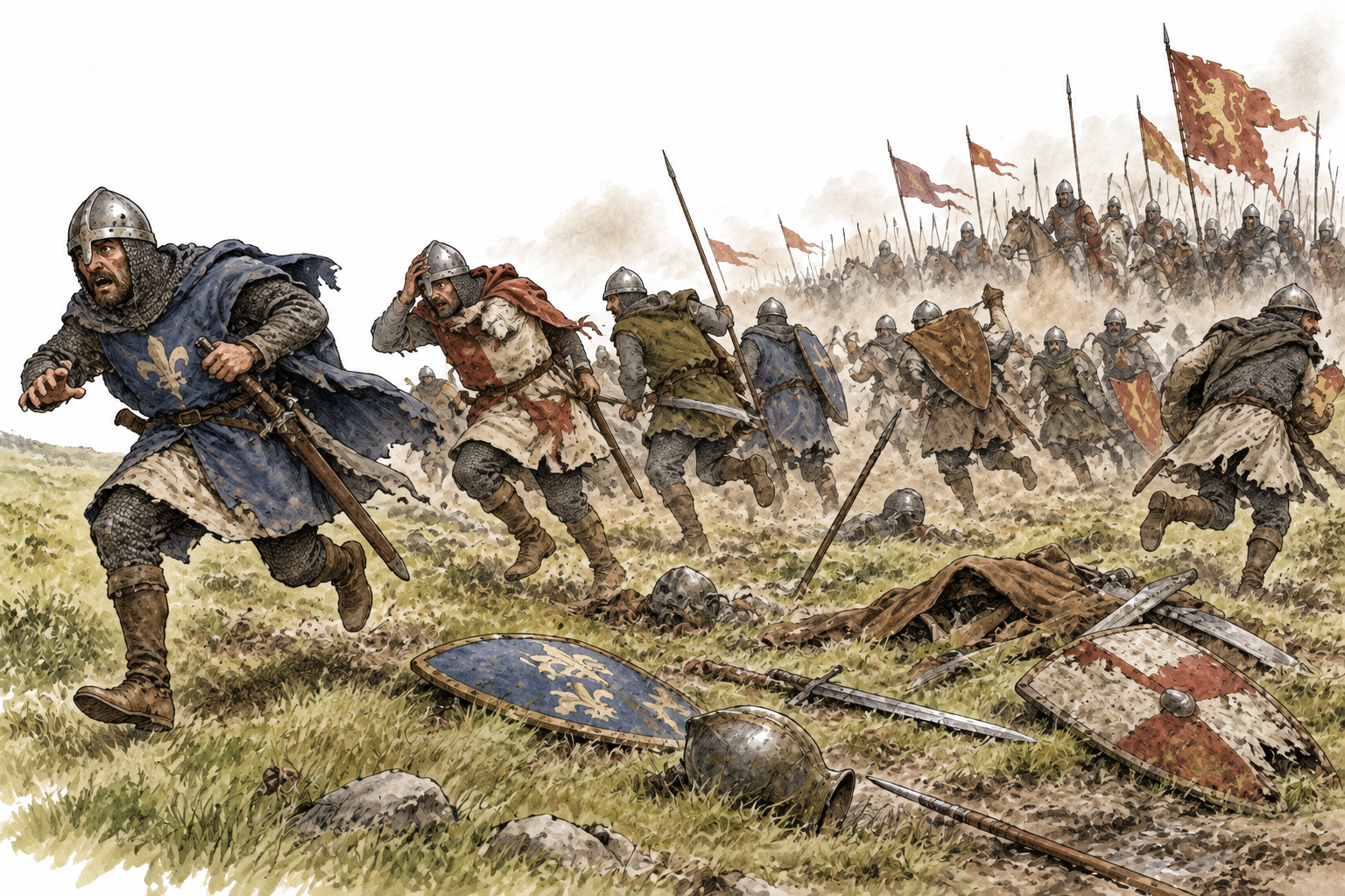 A defeated medieval army retreats chaotically from a battlefield, scattered shields and panicked flight, no blood or injuries close-up.