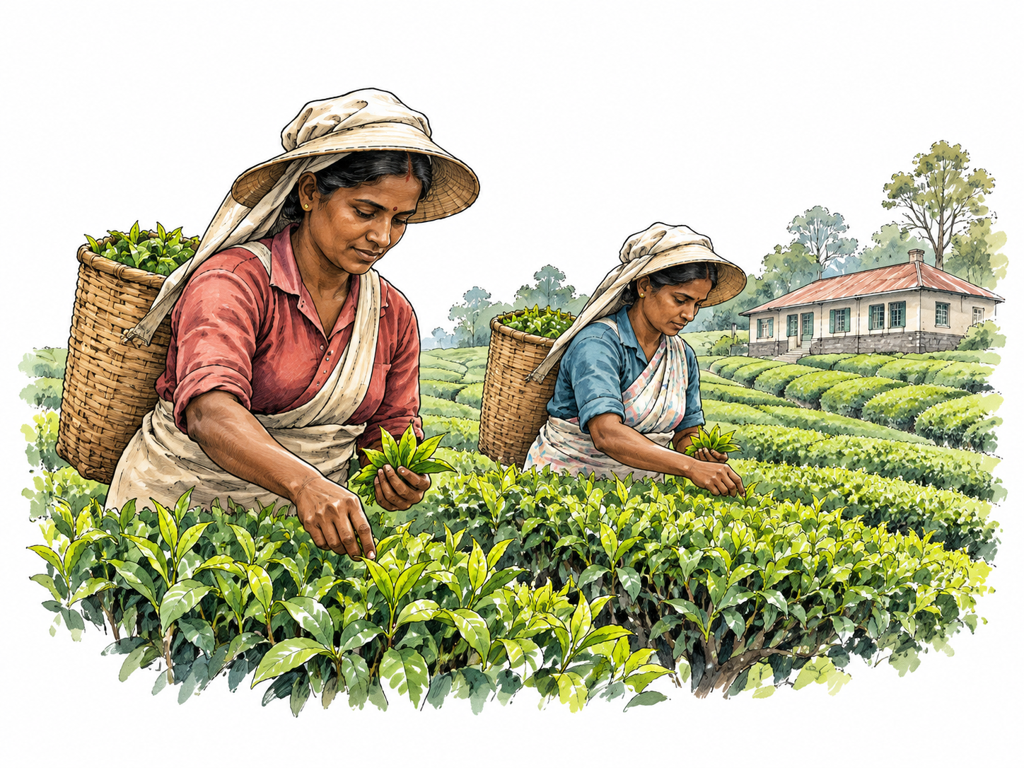 A modern tea plantation seen across orderly rows of bushes and a modest estate building, two adult workers in practical hats collect tea leaves, non-romanticized working landscape.