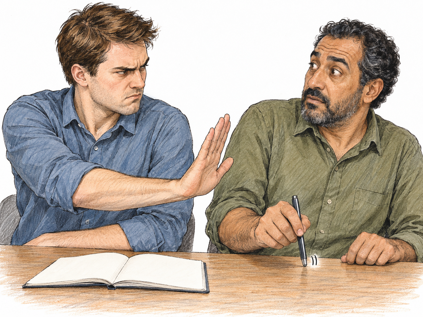 A young man reacts with disproportionate irritation to a nearby colleague's idle pen tapping: he twists toward the tiny disturbance with tightly knitted brows, a tense jaw and a sharp stop gesture, while the colleague looks surprised.