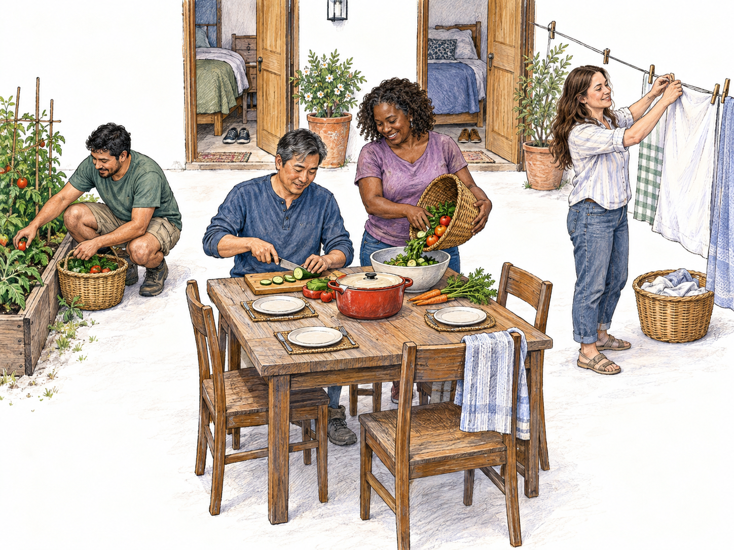 Four residents of a small communal homestead pool their garden harvest and maintain shared household resources in a courtyard directly connected to their sleeping rooms.