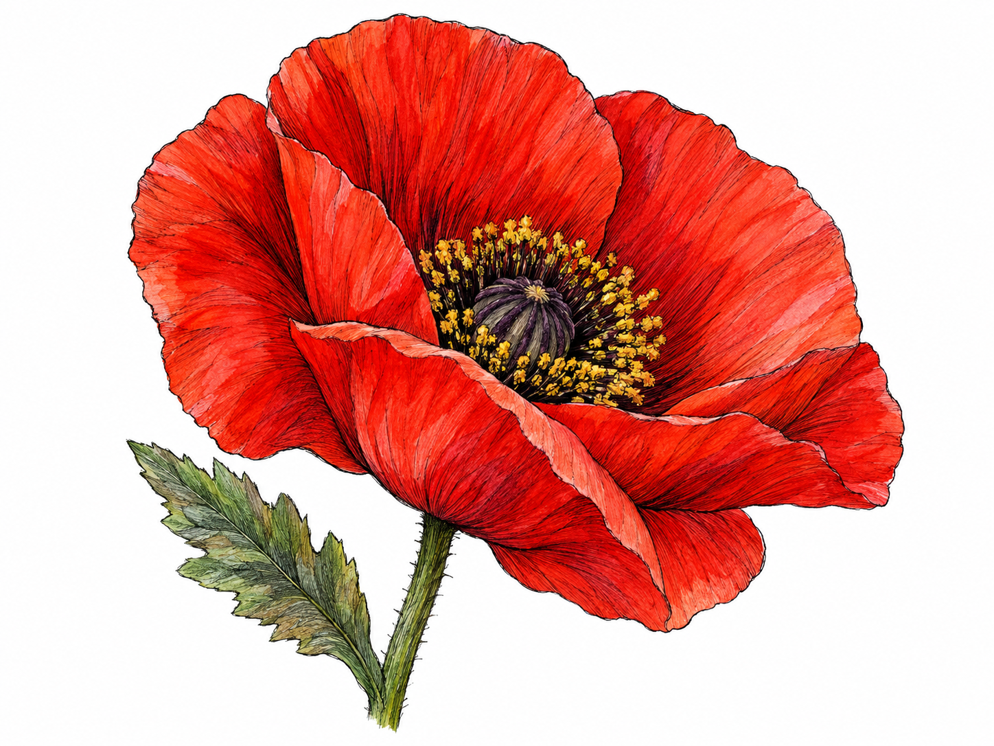 A single fully open scarlet poppy with a golden pollen ring, dark center, and clearly defined petal folds, its vivid natural colors standing out against generous white space.