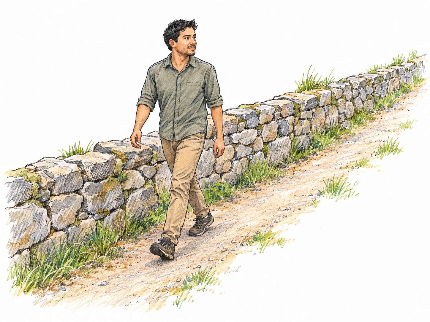 A young adult Latino man walks along a narrow footpath beside a low stone wall, with the path and wall continuing together through the scene.