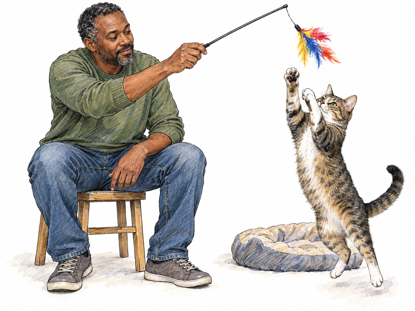 A man stimulates a cat's activity with a feather wand: the cat springs up from beside its cushion, eyes fixed on the feathers and forepaws reaching toward them.