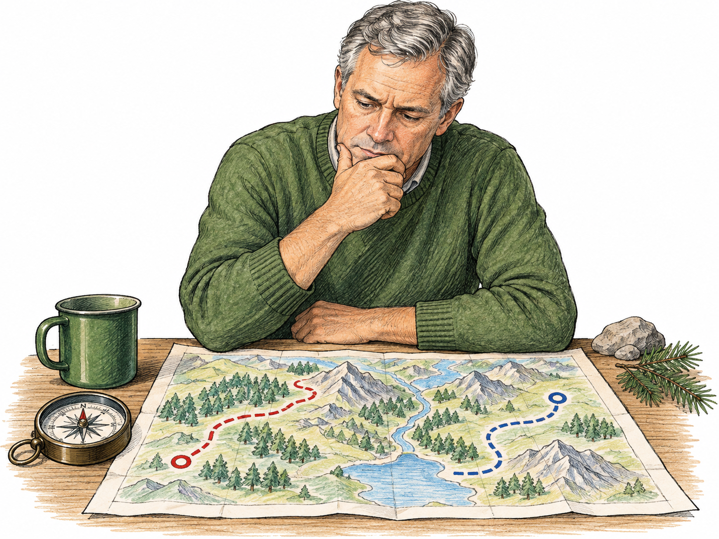 An adult studies two possible routes on a pictorial map, chin resting on one hand, considering carefully rather than reacting impulsively.