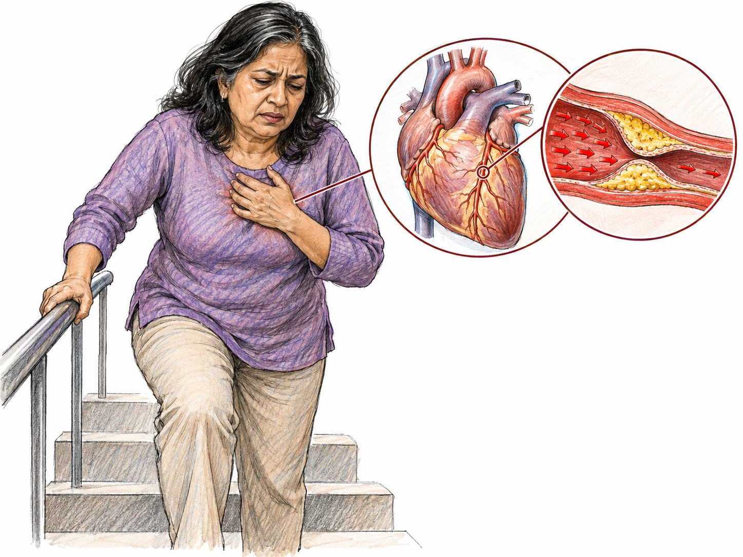 A woman pauses on a short flight of stairs with painful pressure in her chest.