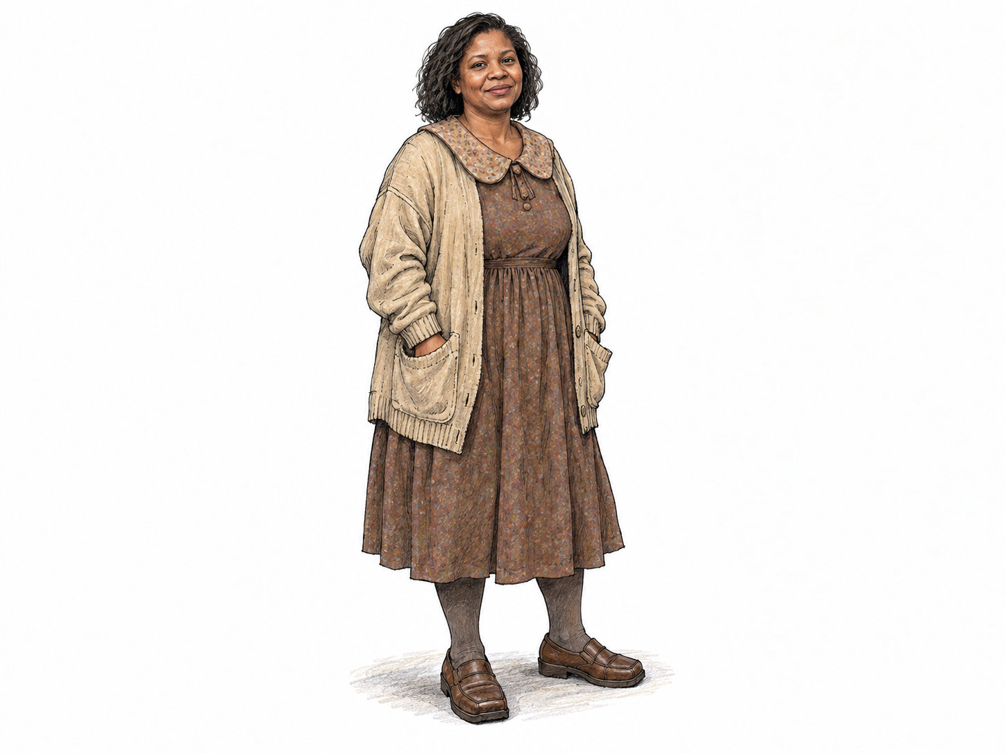 A woman wears a conspicuously ill-fitting, dated ensemble: a shapeless muddy-brown dress, sagging beige cardigan and bulky practical shoes.