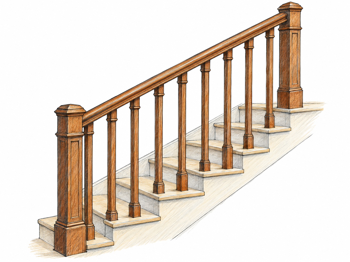 An isolated three-quarter view of a short staircase with a clearly visible wooden handrail and its supporting balusters along the open side.