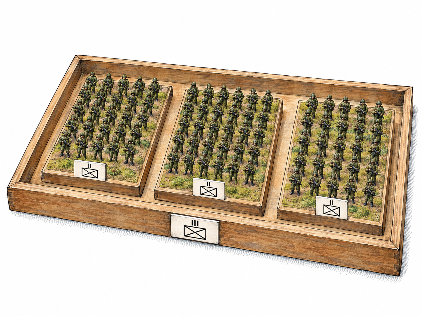 A military training model shows one regimental formation composed of three distinct battalion formations.