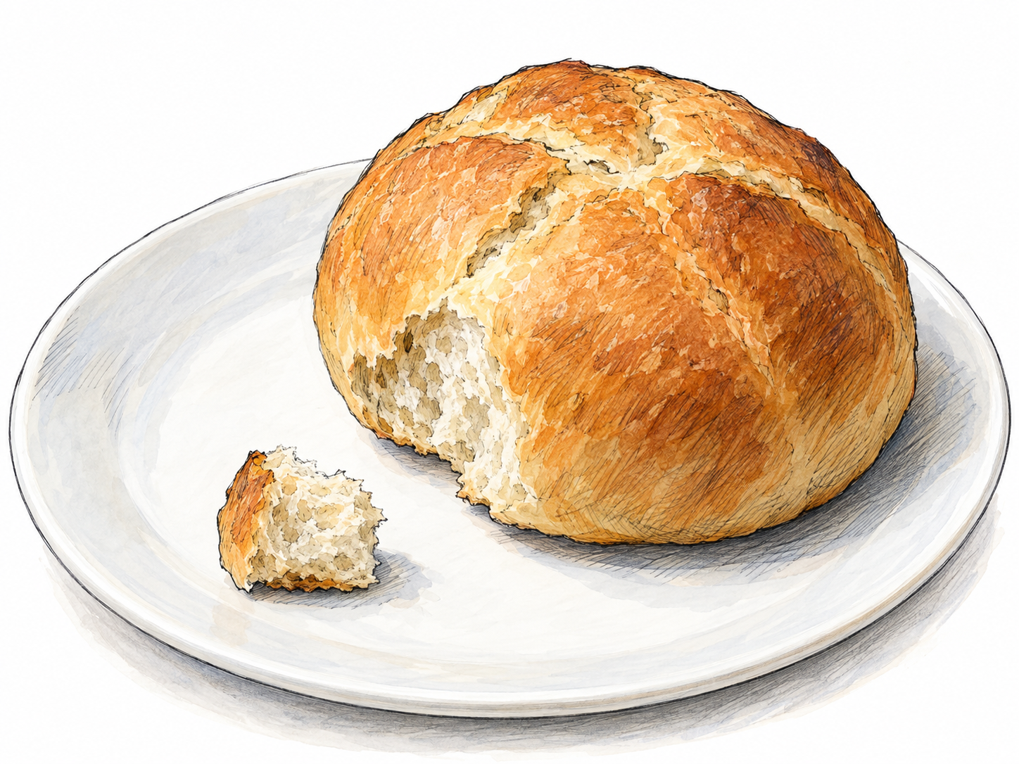 A tiny torn bit of bread sits beside the much larger roll it came from, with corresponding torn edges making the small-piece relationship clear.