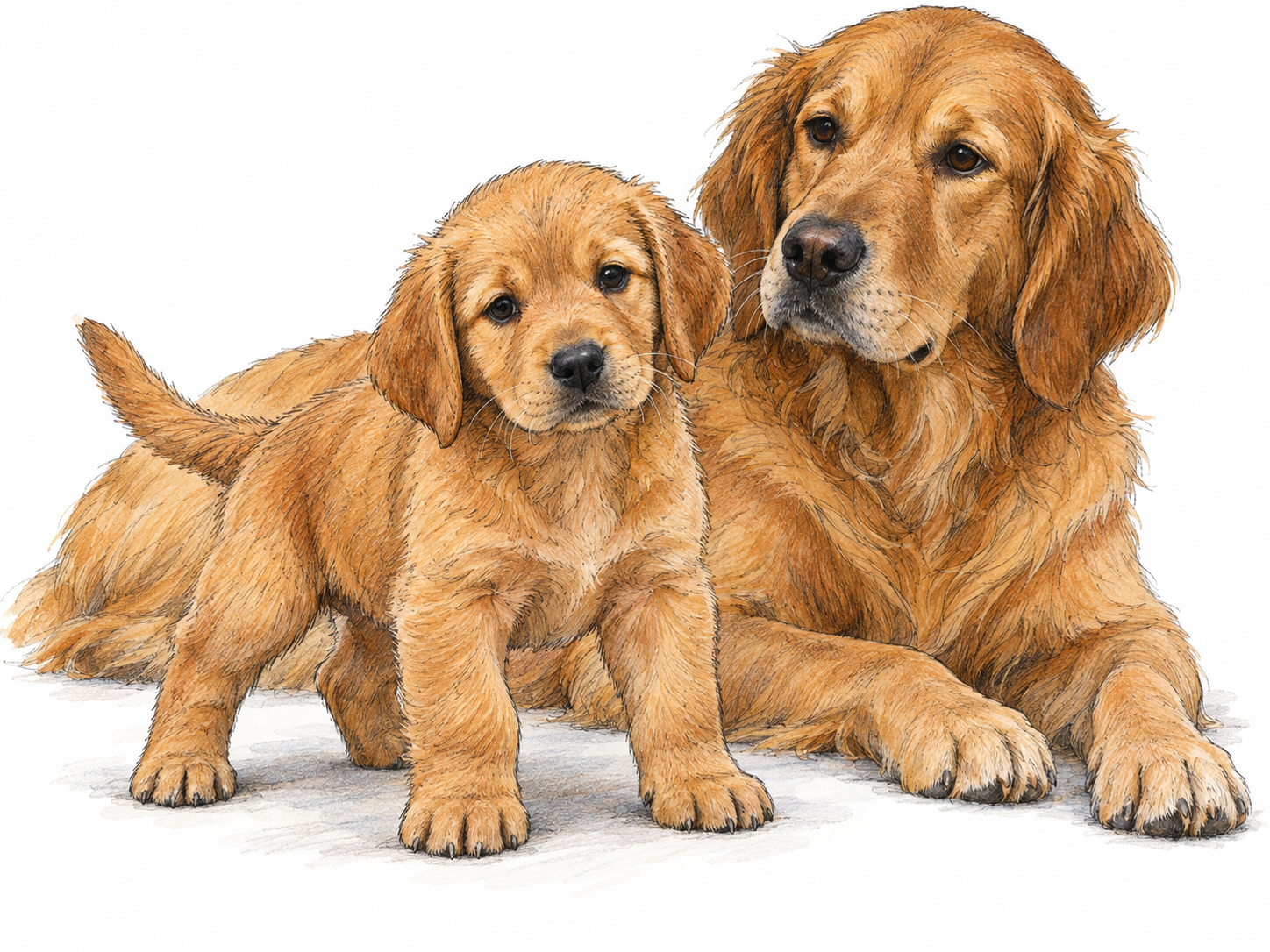 A very young domestic puppy beside its resting mother, with its small size, rounded muzzle, floppy ears and oversized paws making its youth immediately clear.