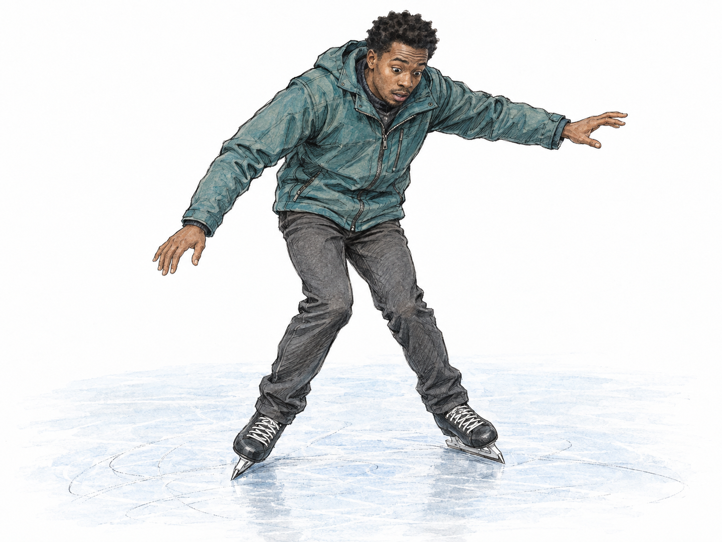 A novice ice skater moves awkwardly on the ice, knees turned inward, skates splayed, torso pitched forward, and arms flung unevenly outward to regain balance.