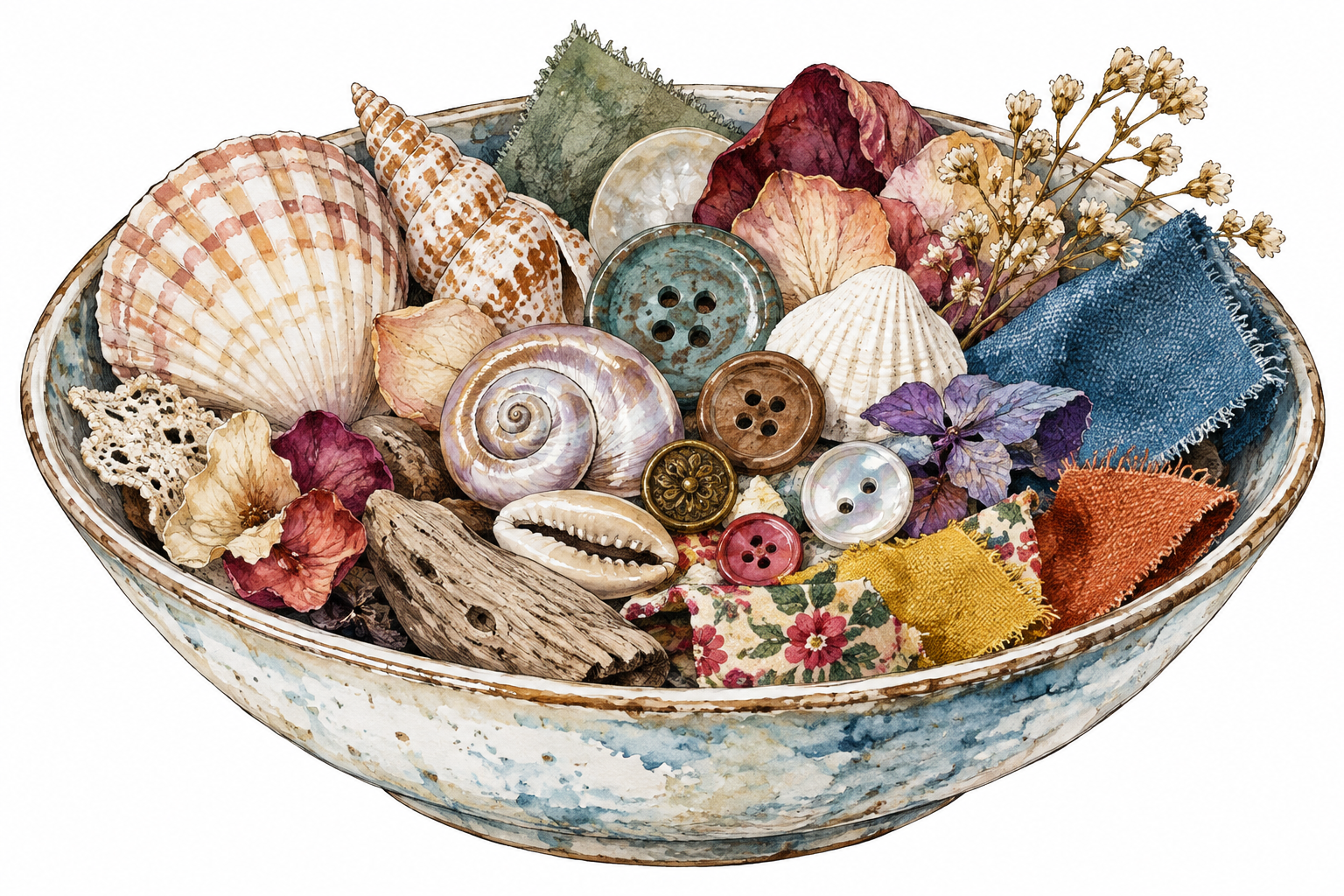 Varied collection of shells buttons dried petals and colorful fabric scraps in shallow bowl, mixture of diverse things.