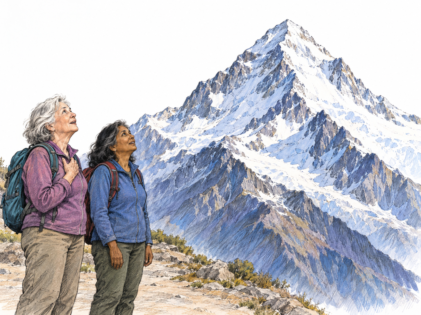 Two older hikers pause before an immense, beautiful mountain peak.