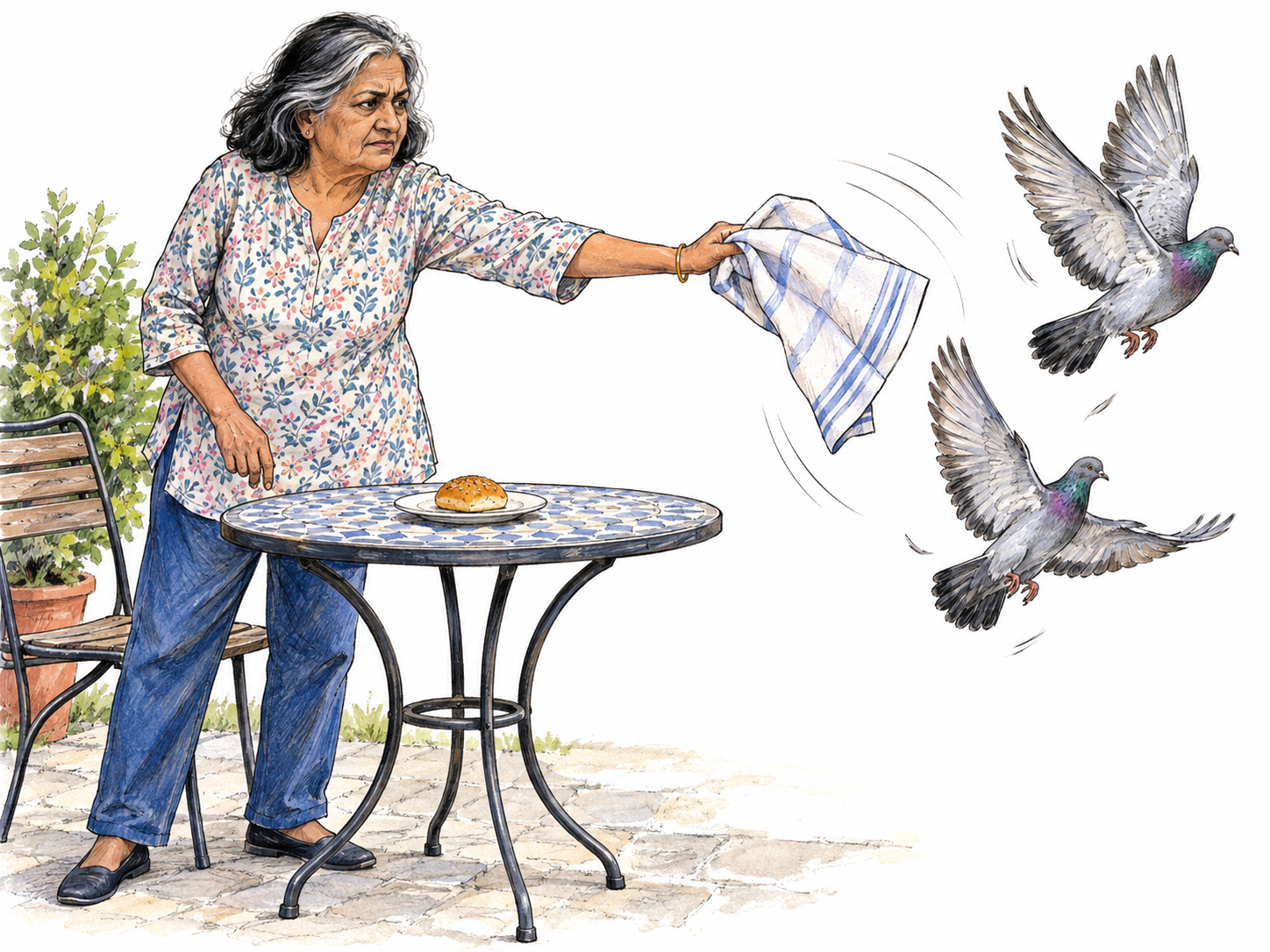 An older woman waves a kitchen towel outward to drive pigeons away from bread on an outdoor table; the startled birds visibly retreat in the direction of her gesture.