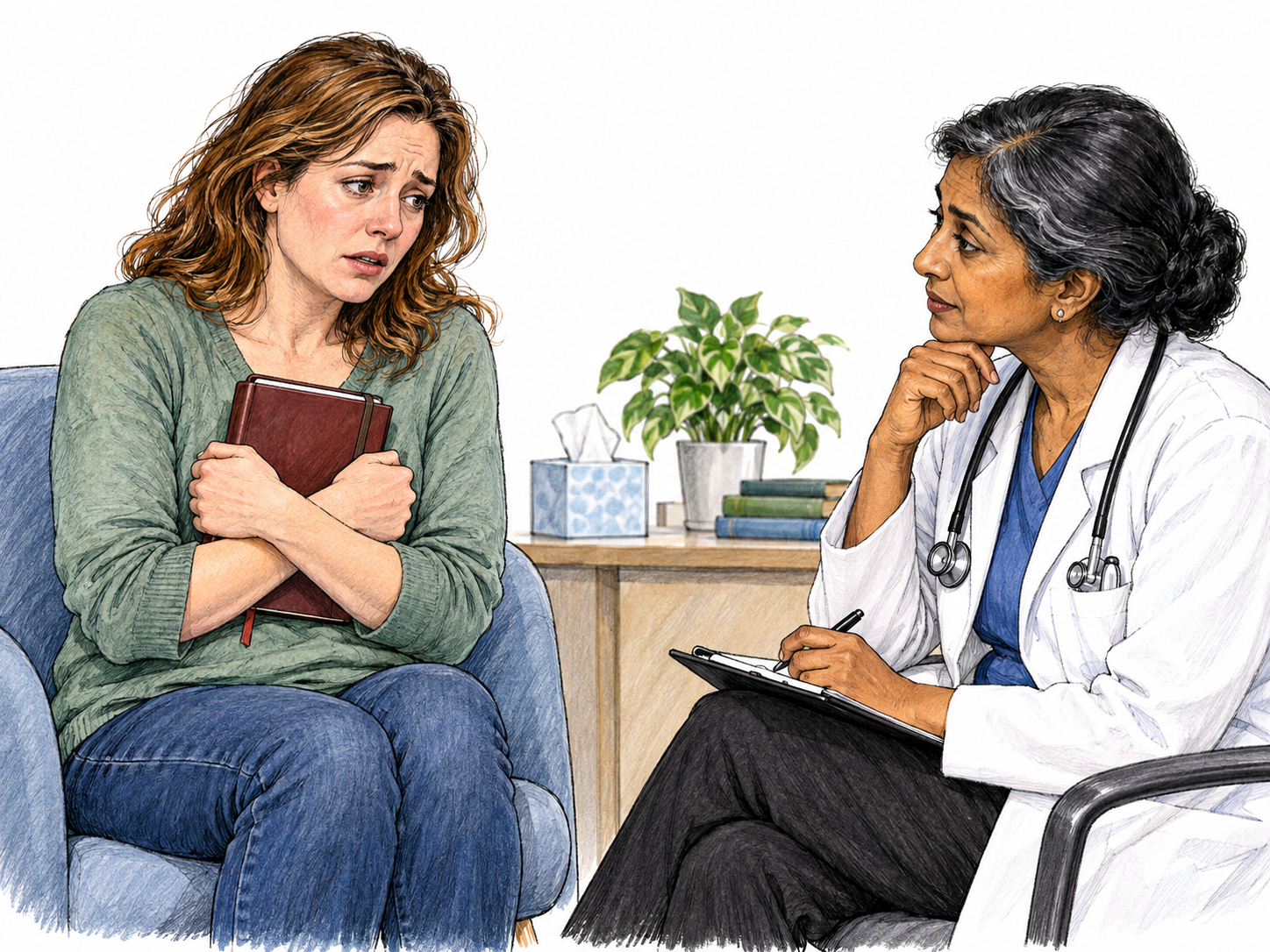 An adult woman discusses distressing romantic preoccupation with a clinician in a respectful consultation, one closed unlettered diary held close to her chest.