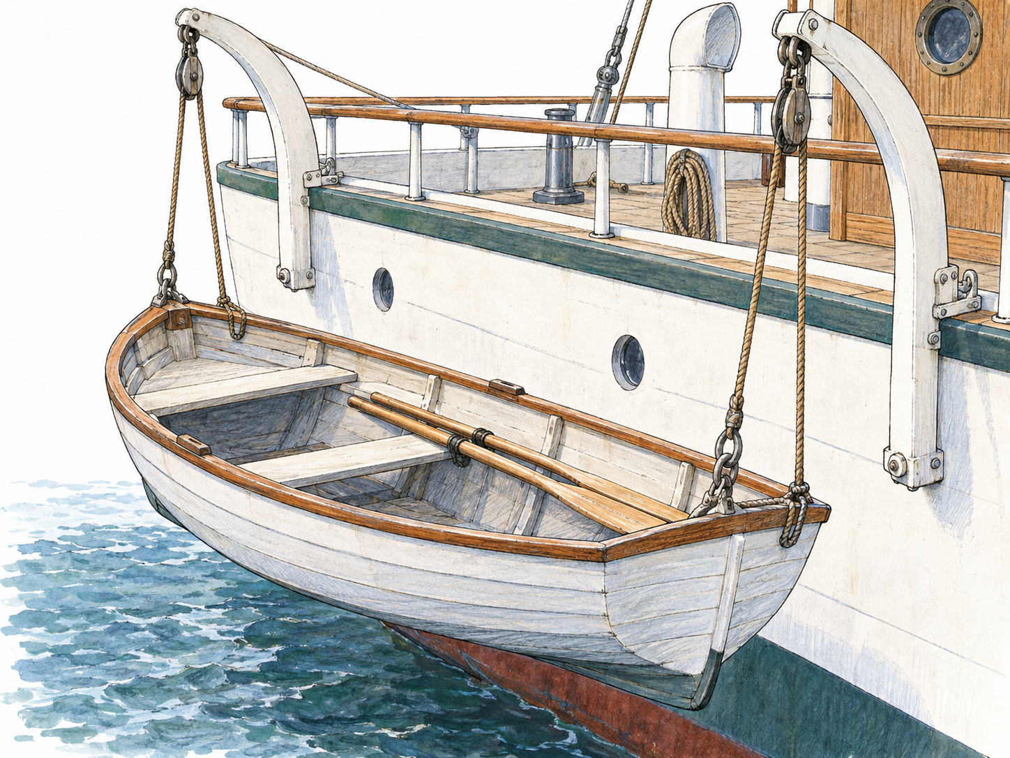A small open rowing dinghy suspended from davits beside a larger vessel, with its empty interior, bench seats and oars clearly visible.
