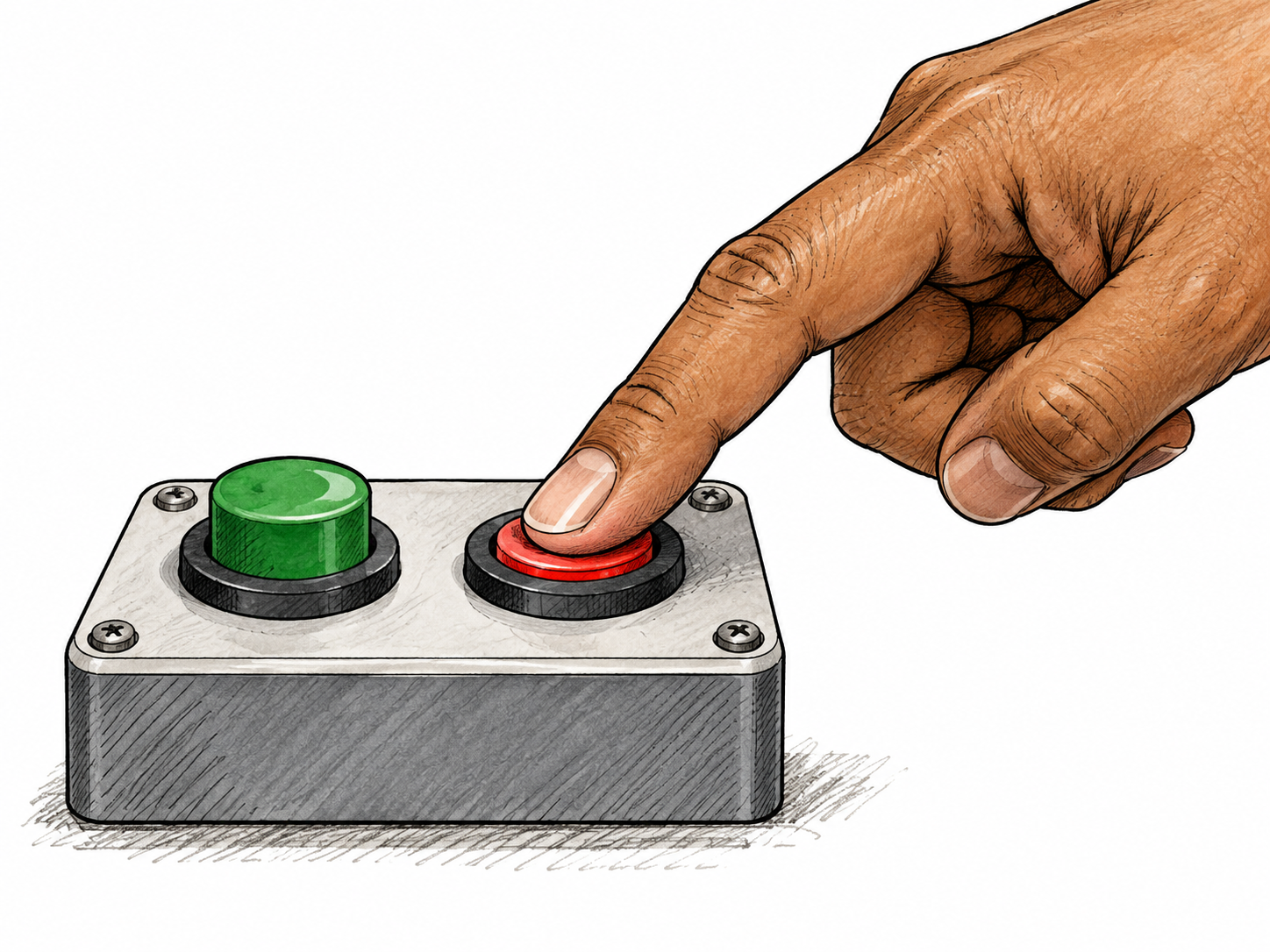 An adult finger depresses a spring-loaded button so it sits visibly lower than its neighboring raised button; mechanical pressing sense, no sadness metaphor.
