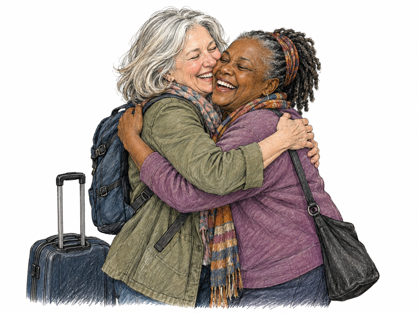Two adults joyfully reunite with a natural embrace after time apart, visibly rejoicing; no arrival sign or slogan.