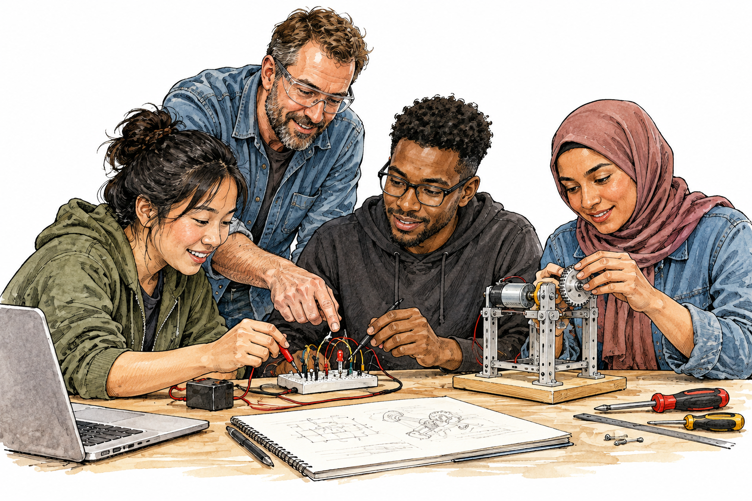 Diverse adult technical-college students work together on a small electrical circuit and mechanical model.