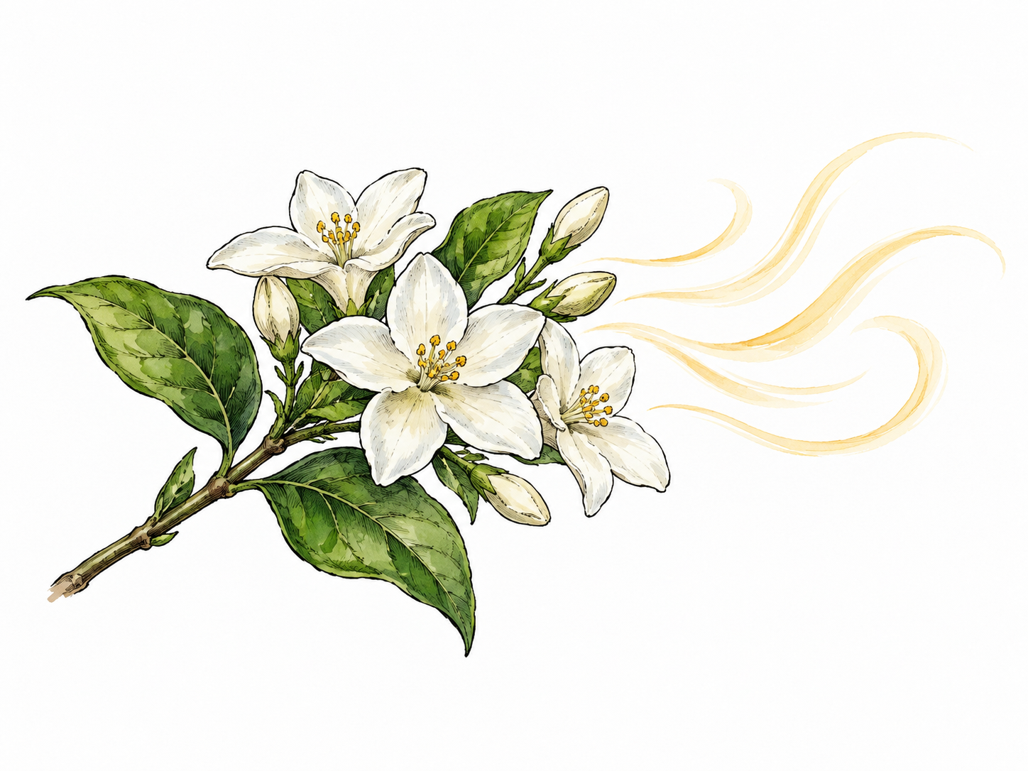 A sprig of jasmine with open blossoms, delicate scent strokes beside it.