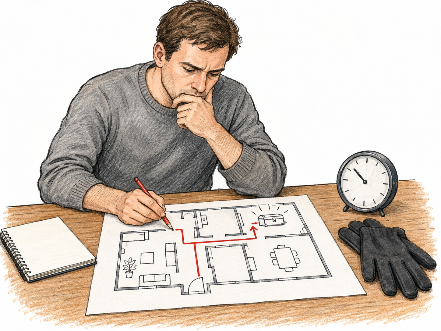 Before acting, man carefully plans a burglary using simple hand-drawn house floor plan with a red route line toward a closed jewelry box icon, clock and untouched dark gloves beside notebook; only broad generic planning symbolism, no technical security details or words, thoughtful purposeful posture, white ground.
