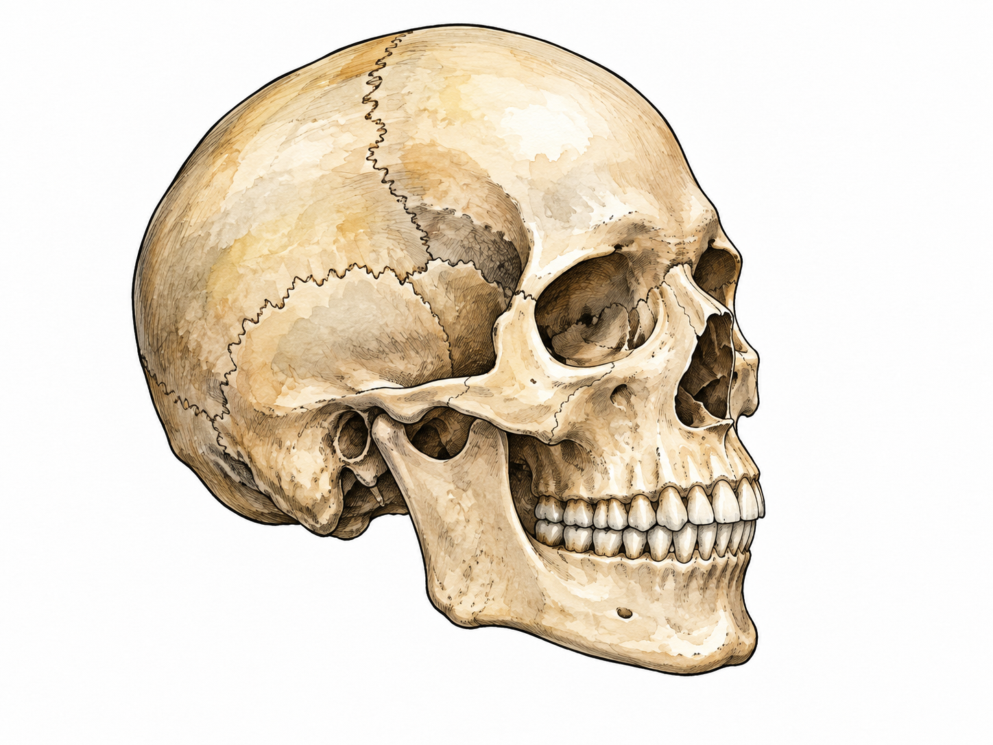 A precise isolated human cranium with the rounded skull vault clearly visible, clean scientific illustration.