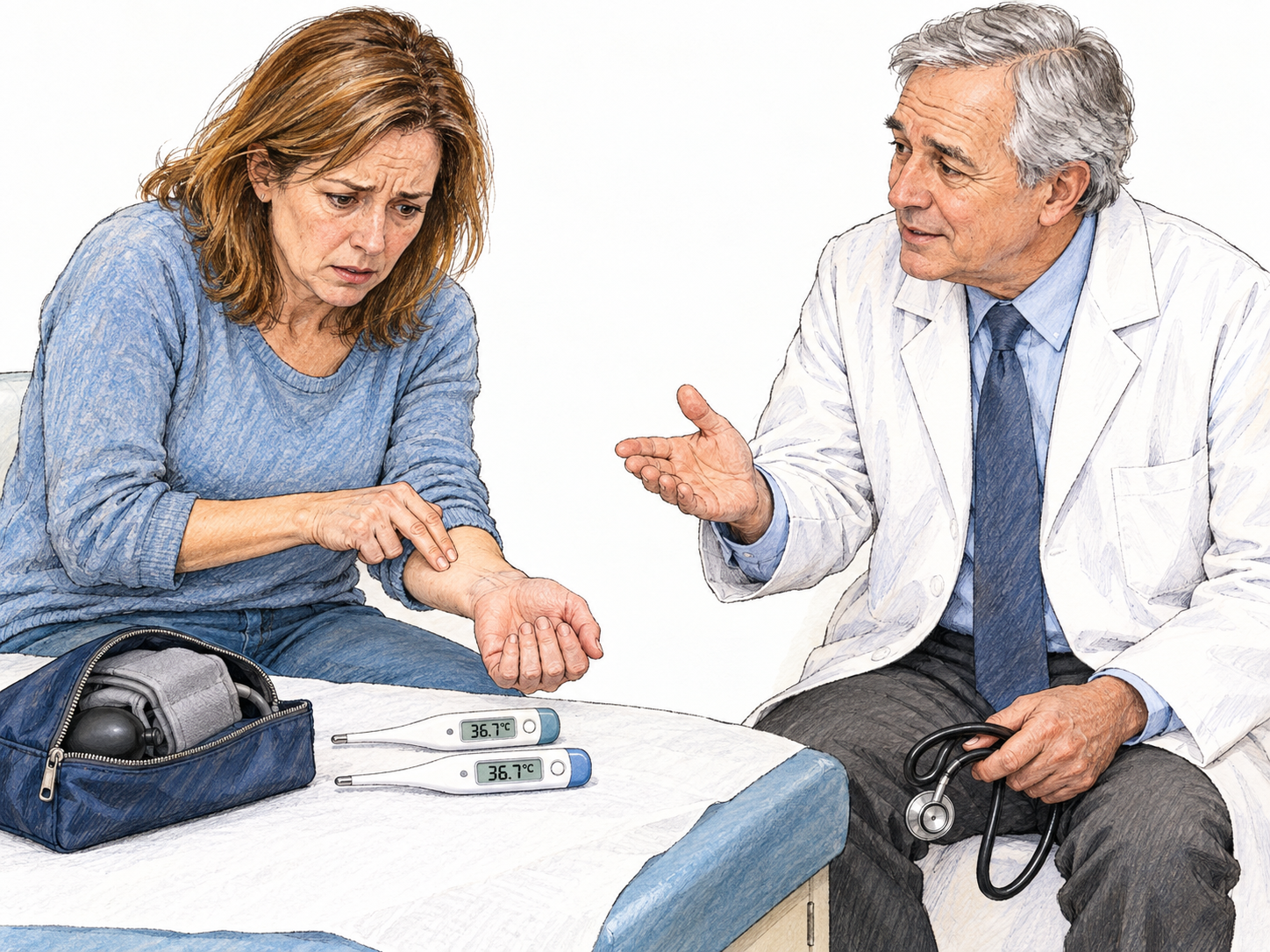 After a reassuring medical examination, an anxious woman continues checking her own pulse and comparing two normal thermometer readings rather than attending to the doctor's reassuring gesture.
