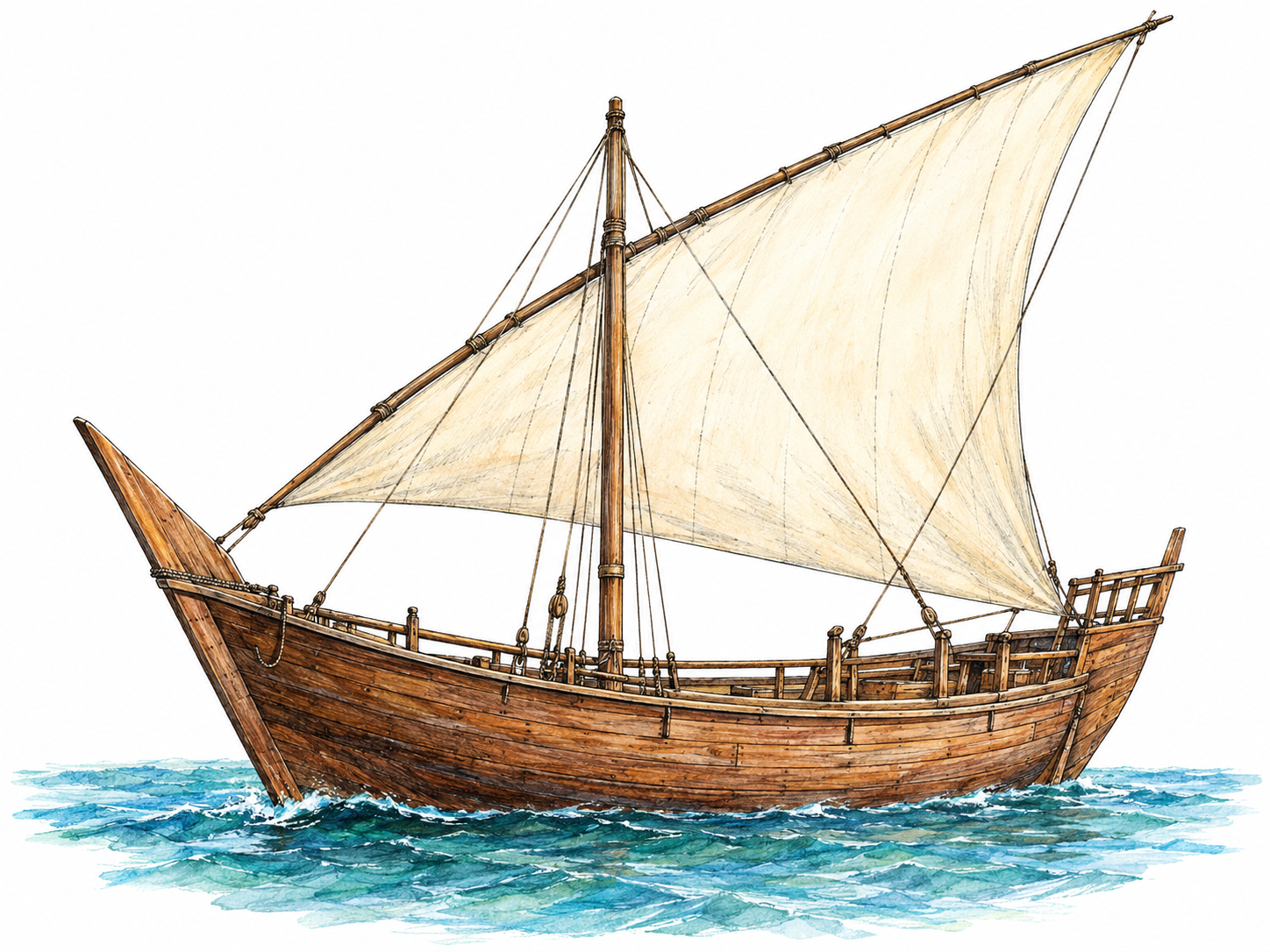 A traditional wooden dhow shown in clear three-quarter side view, with a single mast, a long angled yard and a large triangular lateen sail above its curved hull.