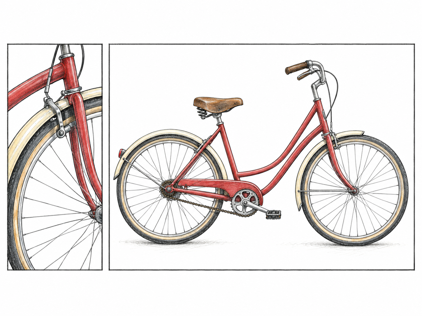 A clearly separated detail-versus-entire-object comparison: a tightly cropped view of a bicycle wheel at left and the complete bicycle at right.