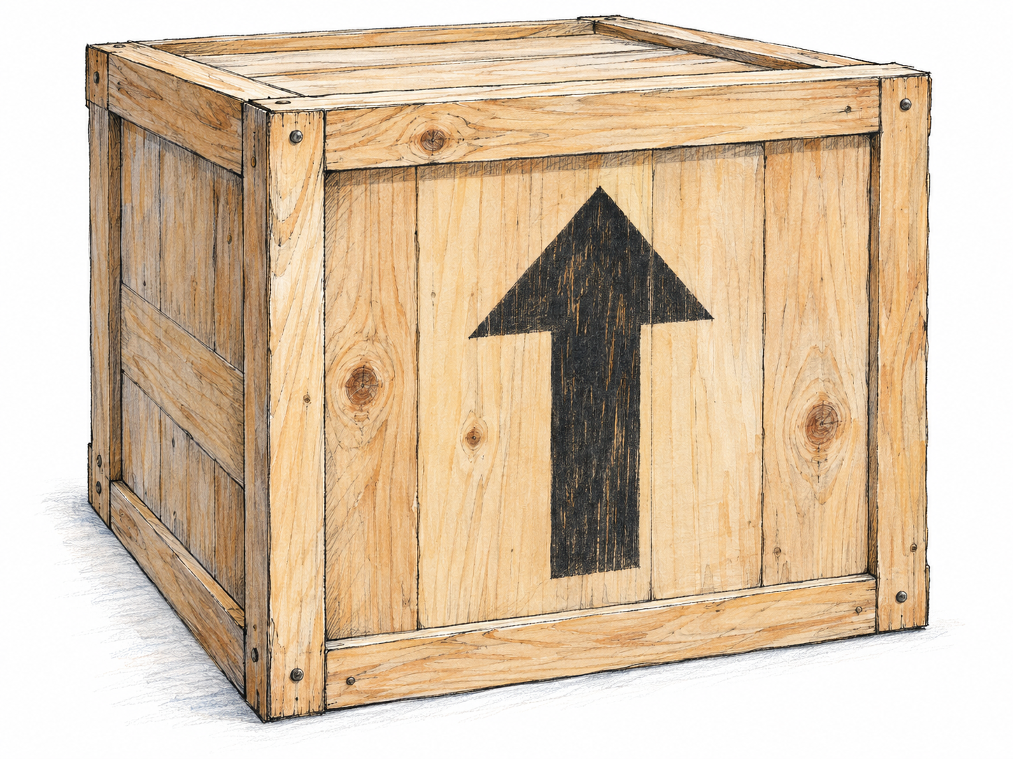 A close view of a plain wooden shipping crate with a bold black upward-arrow marking stenciled directly onto its front surface.