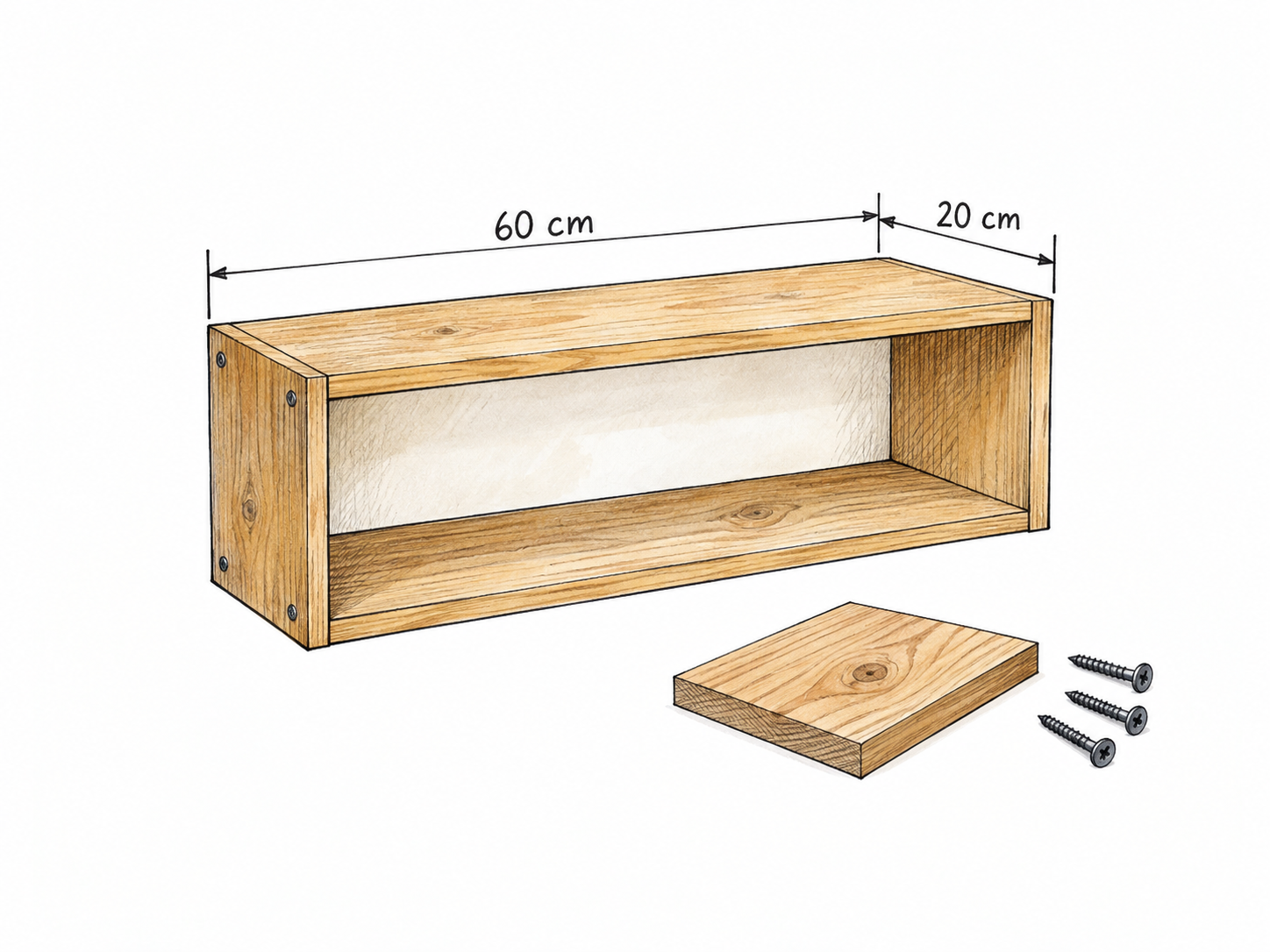 Woodworking plan for simple rectangular shelf with dimension lines and ONLY essential 60 cm and 20 cm, material sample beside it.