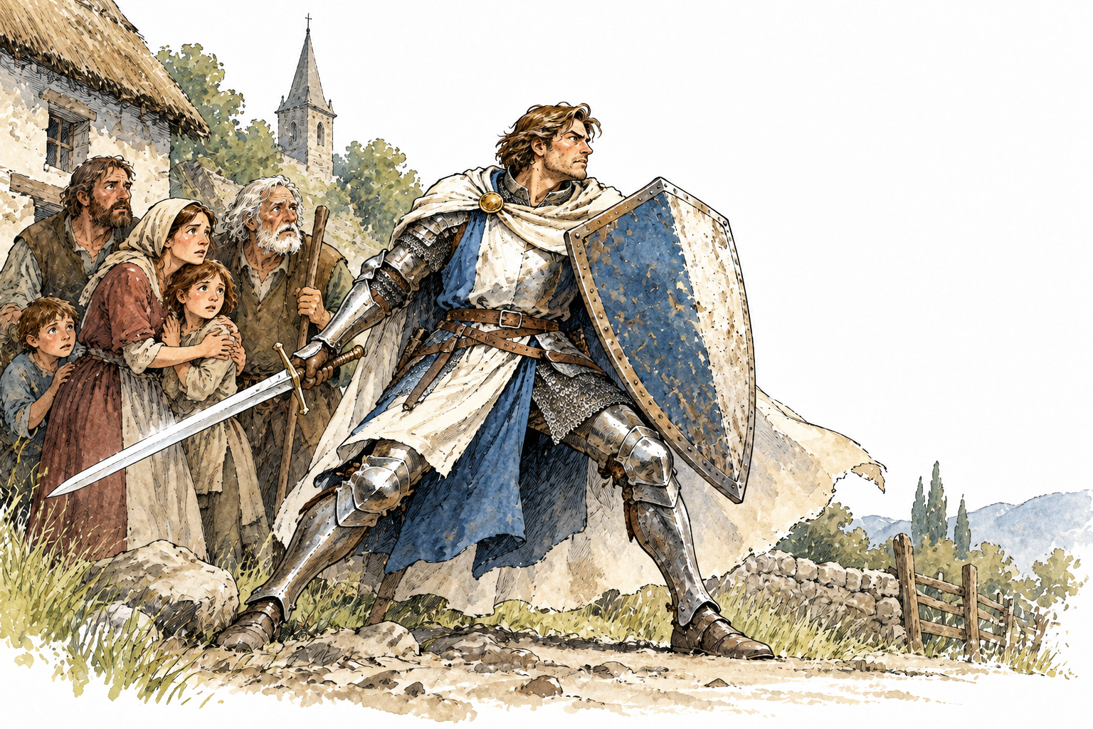 A heroic knight with shield stands protectively before defenseless villagers while facing danger offscreen, medieval European romance context, no emblems or writing.