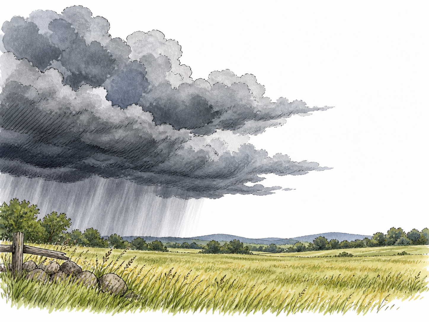 Dark rain clouds over a field signal an approaching storm.