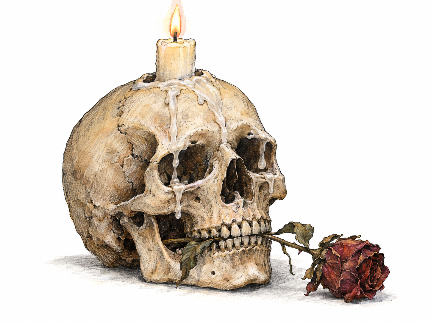 A macabre candleholder made from a human skull: a burning candle lodged in its crown, wax running over the empty eye sockets, with a withered rose caught between its teeth.