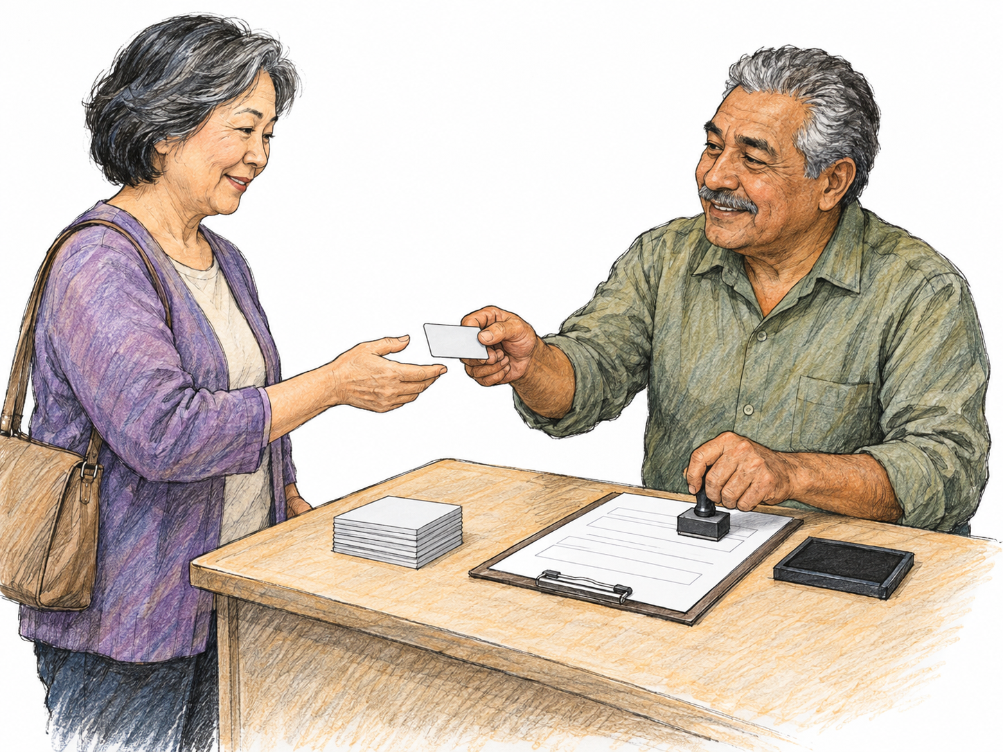 At a simple membership registration desk, a registrar completes an older woman's enrollment by stamping her application and handing her a plain membership card.